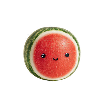 A watermelon with a friendly cartoon face is displayed on a simple backdrop. The fruit looks inviting and fun