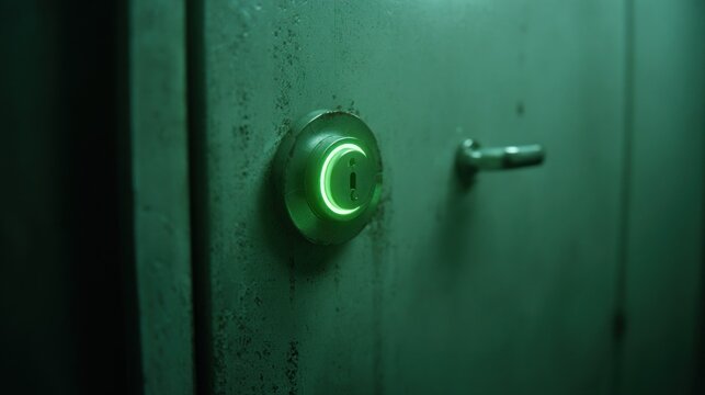 Green door with illuminated circular button