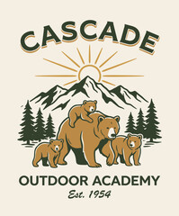 Fototapeta premium Mountain with bear vintage artwork. Outdoor academy t shirt vector design.