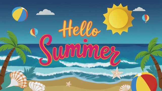 Hello Summer animation, cartoon style beach background, vibrant tropical scene with blue oce