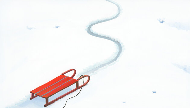 Overhead Painterly View of Red Sledge with Tracks in Snow
