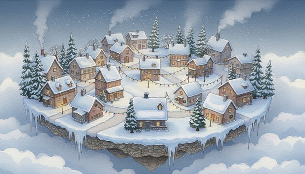 Painterly Snow Village Floating on Cloud Island