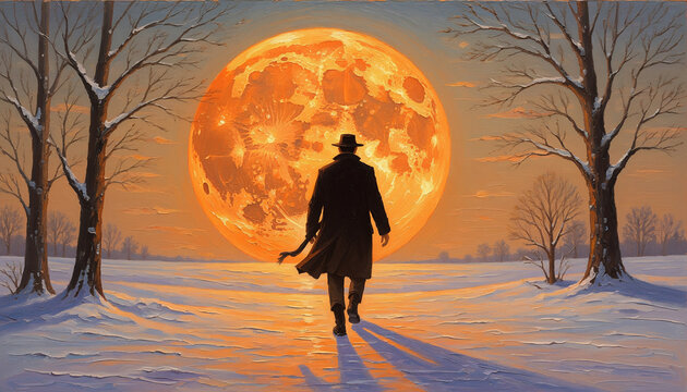Silhouette Walking Toward Giant Moon on Winter Horizon