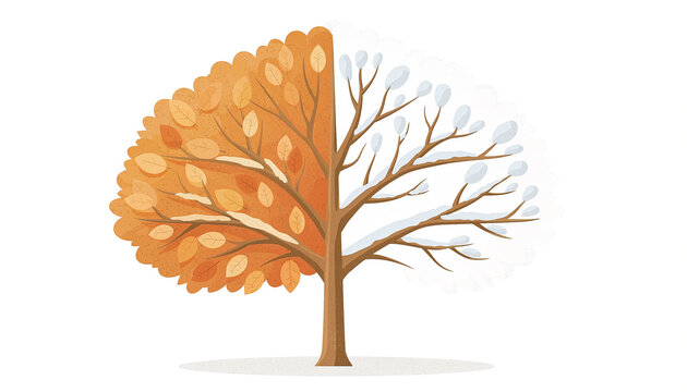 Minimal Tree Illustration Split Between Autumn and Winter