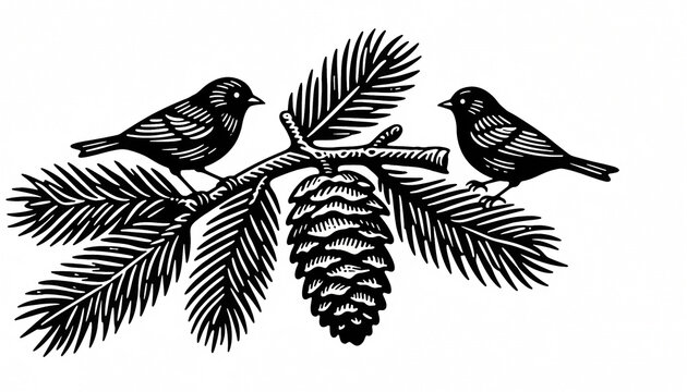 Linocut Style Fir Branch with Pine Cone and Two Birds