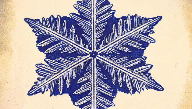 Woodblock Print Style Snowflake Crystal in Prussian Blue