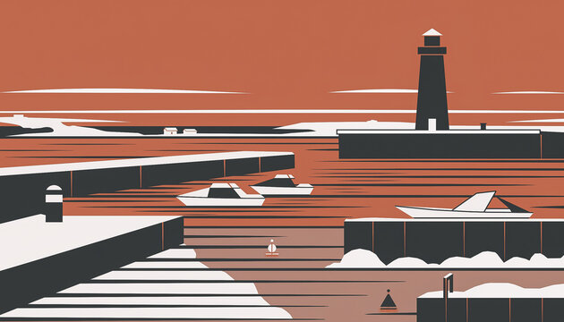 screen print, graphic, terracotta, charcoal, white, winter harbour, geometric, boats, lighthouse, illustration, copy space, december, layered, bold