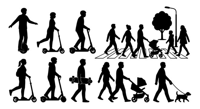 Diverse City Pedestrian Silhouettes: People on Scooters, Skateboards, Strollers, and Dogs, Walking on Crosswalks, Urban Mobility Icons