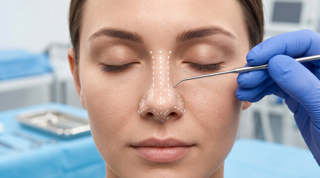 Close up of female face with surgical markings on nose, doctor hand in blue glove using medical tool for rhinoplasty consultation. Cosmetic surgery, plastic surgery, dermatology, medical care.