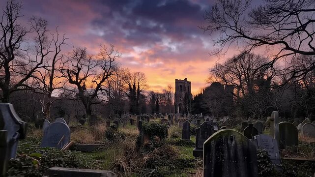 Abandoned cemetery at dusk, weathered gravestones, overgrown ivy, orange and purple sky, bare trees, moody and atmospheric, wide landscape shot