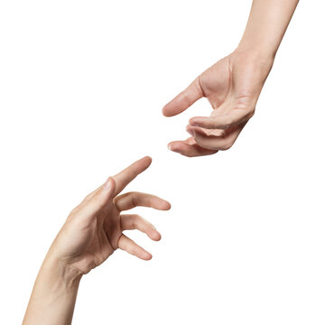 Set of two hands reaching toward each other, isolated on transparent cutout background