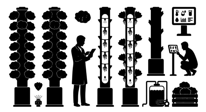 Vertical Farming Icons Set, Hydroponic System Elements, Agriculture Technology Silhouettes, Smart Garden Equipment, Urban Farming Concepts