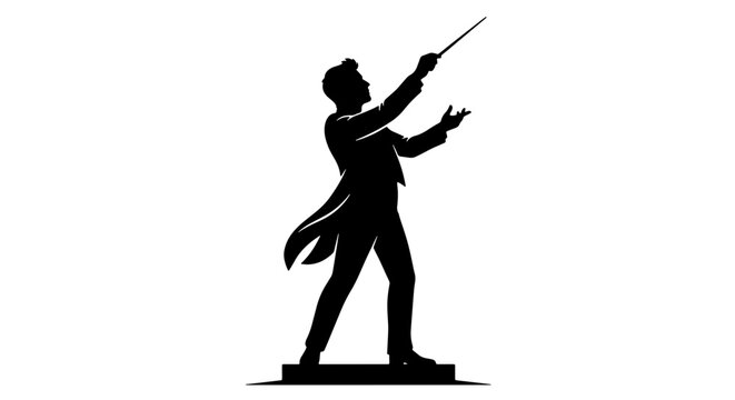 Orchestra Conductor Silhouette, Classical Music Maestro Leading Symphony, Elegant Formal Attire, Dynamic Baton Gesture Vector Art