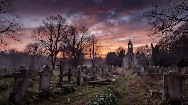 Abandoned cemetery at dusk, weathered gravestones, overgrown ivy, orange and purple sky, bare trees, moody and atmospheric, wide landscape shot