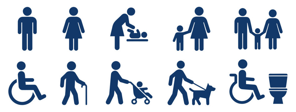 People pictogram icon set representing accessibility family and restroom public facility signage | flat vector illustration
