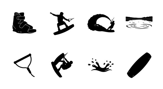 Kitesurfing and Wakeboarding Icons Set, Extreme Water Sports Vector Graphics, Action Silhouettes for Adventure and Recreation Design