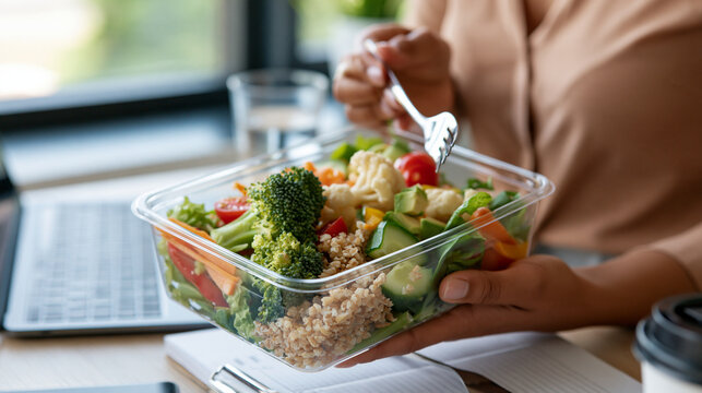 Realistic photograph of a woman eating a packed lunch of fresh vegetables and grains at her office desk, natural window light, candid documentary style,