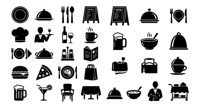 Restaurant Icons Set, Food Service Symbols, Culinary Business Graphics, Dining Establishment Elements, 36 Vector Icons