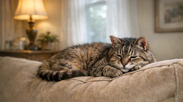 Sleepy tabby cat resting on a plush sofa in a cozy living room