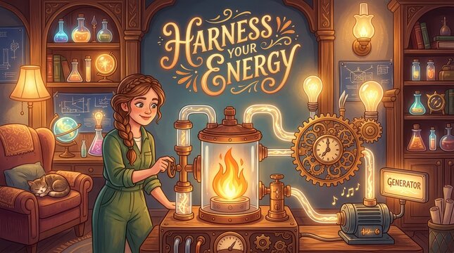 Young woman scientist in steampunk laboratory Harnessing Your Energy with experimental generator and glowing lightbulbs