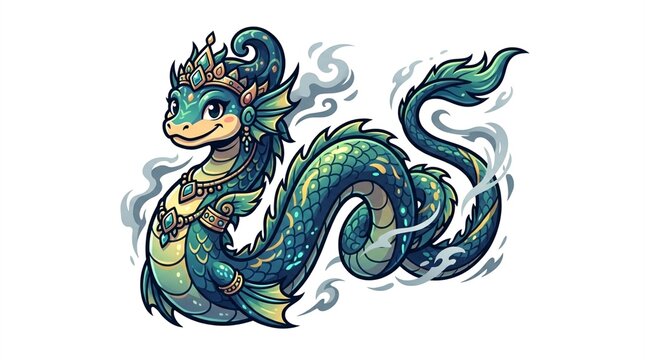 Cute Emerald Sea Dragon with Crown on White - Generative AI