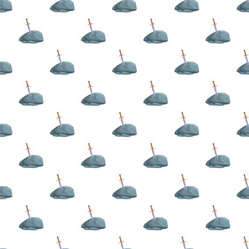 Repeating pattern showing mythical swords stuck in stones representing the legendary excalibur