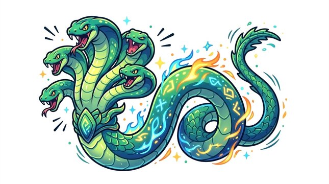 Mythical Green Hydra Snake with Magical Flames - Generative AI