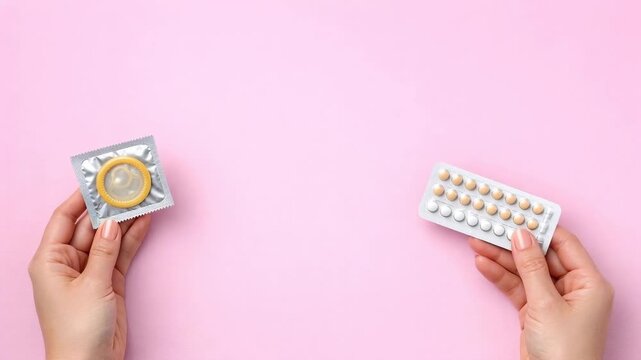 Hands holding a condom and birth control pills on a pink background