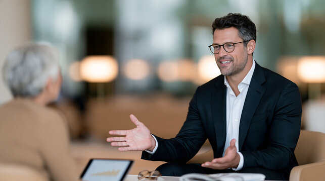 An environmental wide photograph from the side captures a financial planner talking face to face with one retiree inside a private banking lounge, using room depth rather than a de