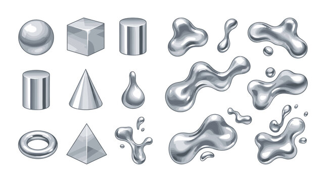 A collection of polished geometric solids and organic liquid chrome metallic shapes on white background