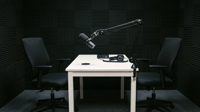 A professional podcast recording studio setup with two chairs, a table, and microphones, designed for interviews or discussions.