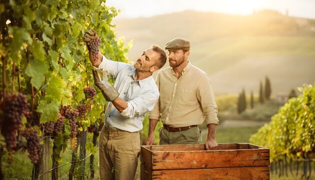 Dos hombres recolectando uvas en un vi&ntilde;edo, uno cortando racimos de la cepa y otro junto a una caja de madera