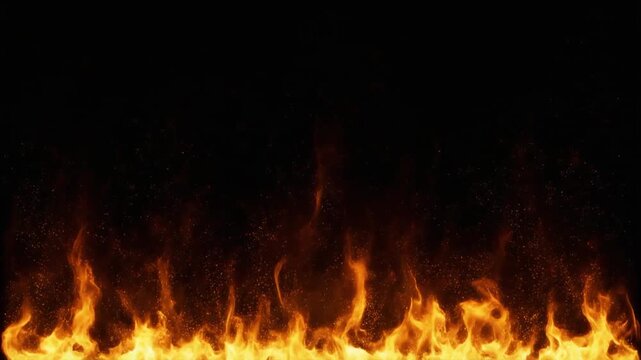 Realistic blazing fire flames with glowing sparks rising up on a black background loop video footage
