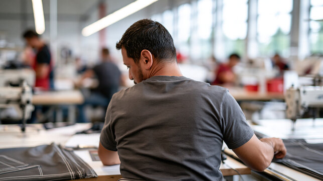 One visible stitching flaw on the rejected fabric sample draws a textile inspector's examination, while an accepted sample lies nearby on the cutting table as the direct comparison