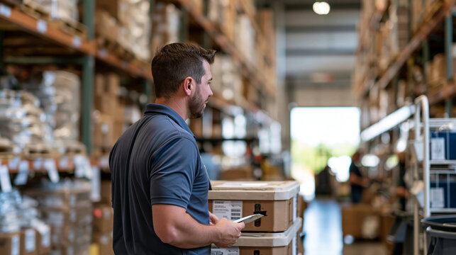The product assortment anchors a deep-focus warehouse view, where one unresolved difference separates two stacked crates near a storage bin, a discreet mark identifying the mismatc