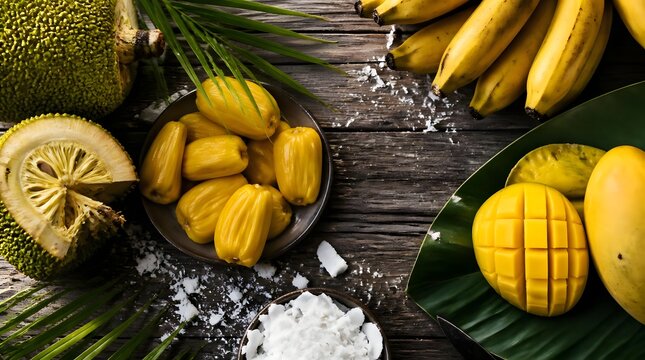 Fresh tropical fruit assortment with jackfruit mango and banana arrangement