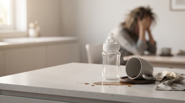 Overwhelmed mother dealing with daily stress and accidental coffee spill
