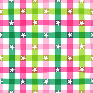 Hand drawn pink and green plaid pattern with star design for Christmas and new year celebration. 