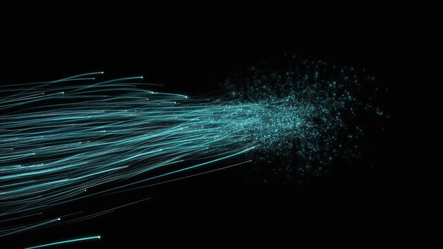 Glowing teal light trails and particle effect animation on black background