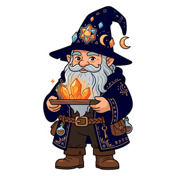 Cute gnome alchemist wizard character holding glowing magic crystals tray for fantasy game web asset vector graphic design