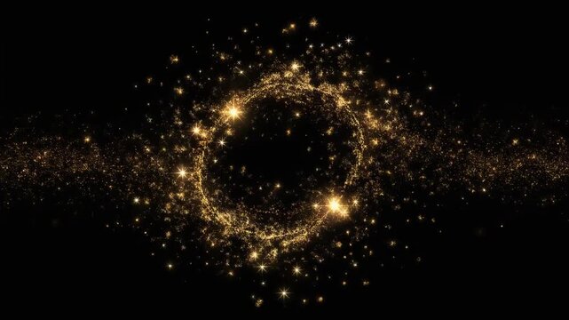 Golden glittering particles swirling and forming a glowing circle on black background