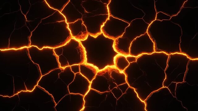 Glowing hot cracks on dark ground resembling volcanic lava or magma