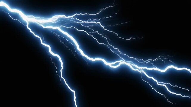 Bright blue lightning bolt striking across a dark night sky in a thunderstorm