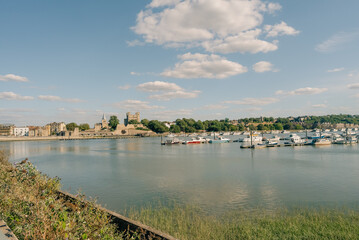 Obraz premium Panoramic view of the River Medway and Rochester from Rochester Castle walls, Kent, England, UK - 4 September 2026.
