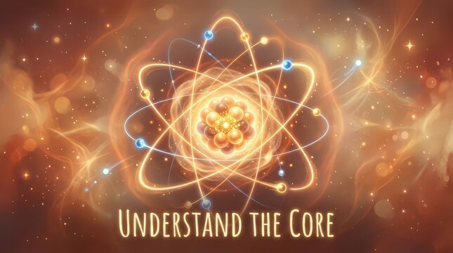 Abstract Atomic Structure Illustration with Glowing Particles and Understand the Core Text