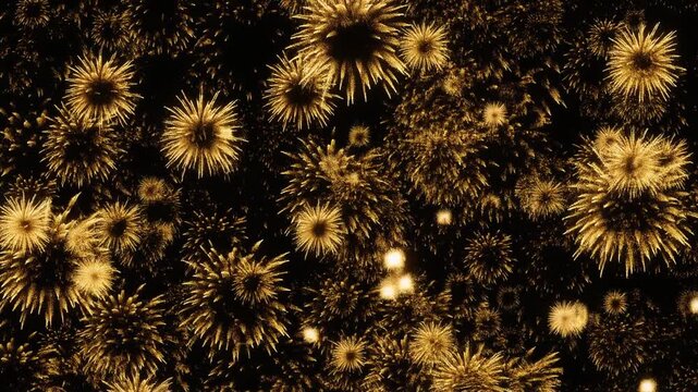 Dazzling golden fireworks exploding in the night sky motion background video footage