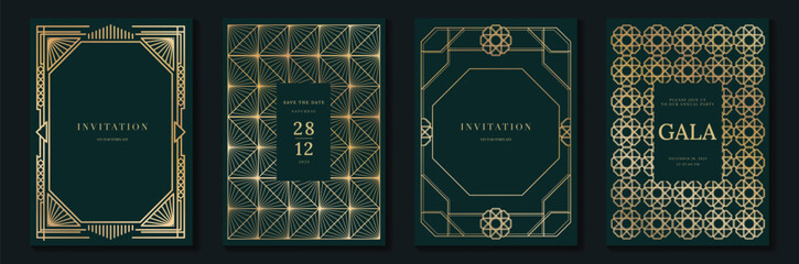 Luxury jade and emerald green gala invitation card set vector. Art deco gold geometric line templates for wedding, party, corporate event, VIP celebration and formal night design.