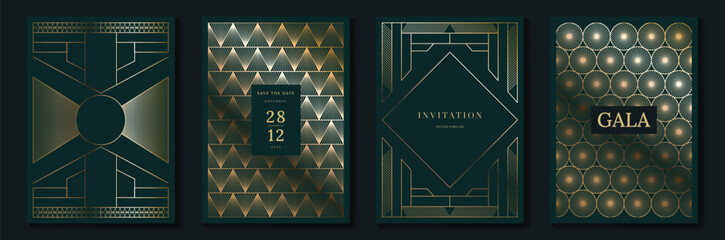 Fototapeta na wymiar Luxury jade and emerald green gala invitation card set vector. Art deco gold geometric line templates for wedding, party, corporate event, VIP celebration and formal night design.