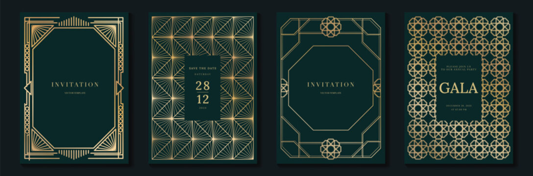 Luxury jade and emerald green gala invitation card set vector. Art deco gold geometric line templates for wedding, party, corporate event, VIP celebration and formal night design.