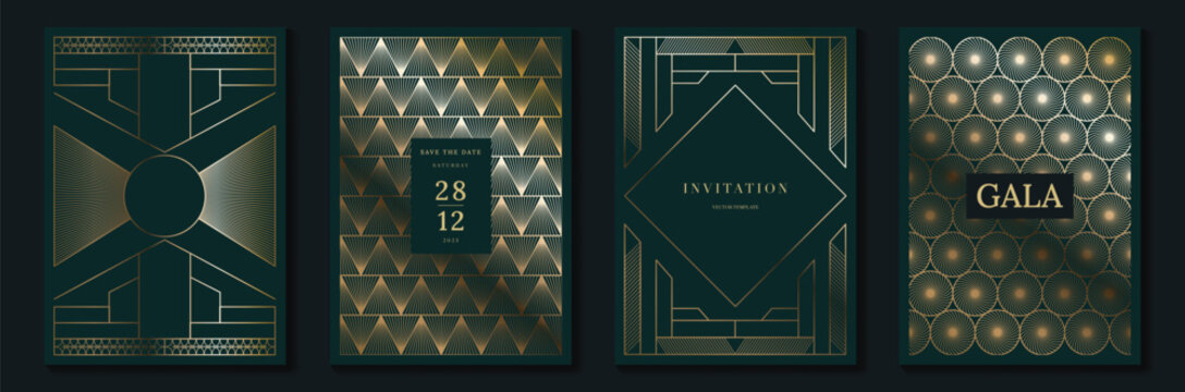 Luxury jade and emerald green gala invitation card set vector. Art deco gold geometric line templates for wedding, party, corporate event, VIP celebration and formal night design.